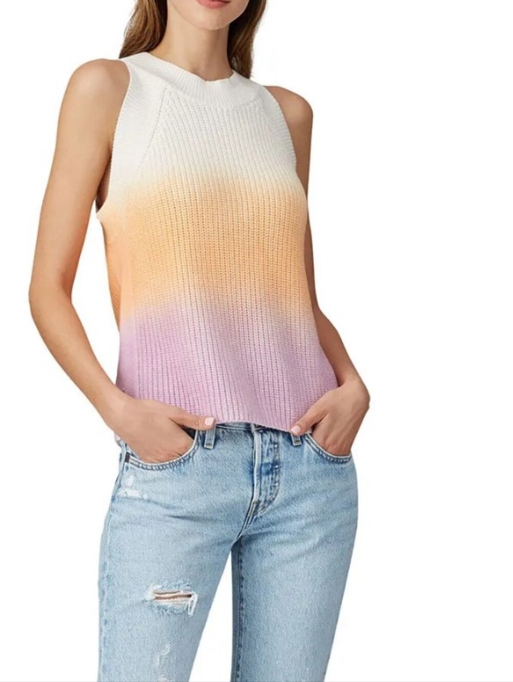 525 America Spray Dye Ombre Sweater Knit Tank Top - White, Peach & Lavender  M